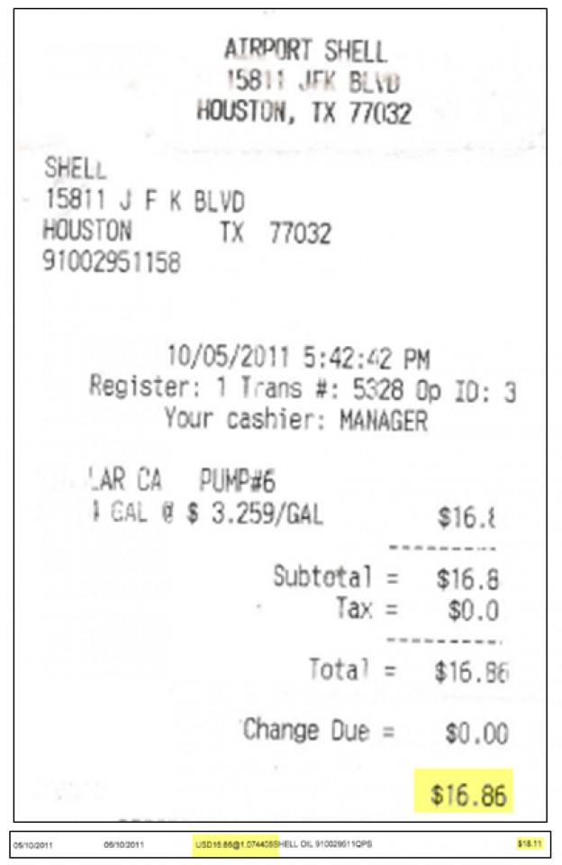 Gas receipt indicating a charge of $16.86 at USD exchange rate of 1.074405 for a total of $18.11